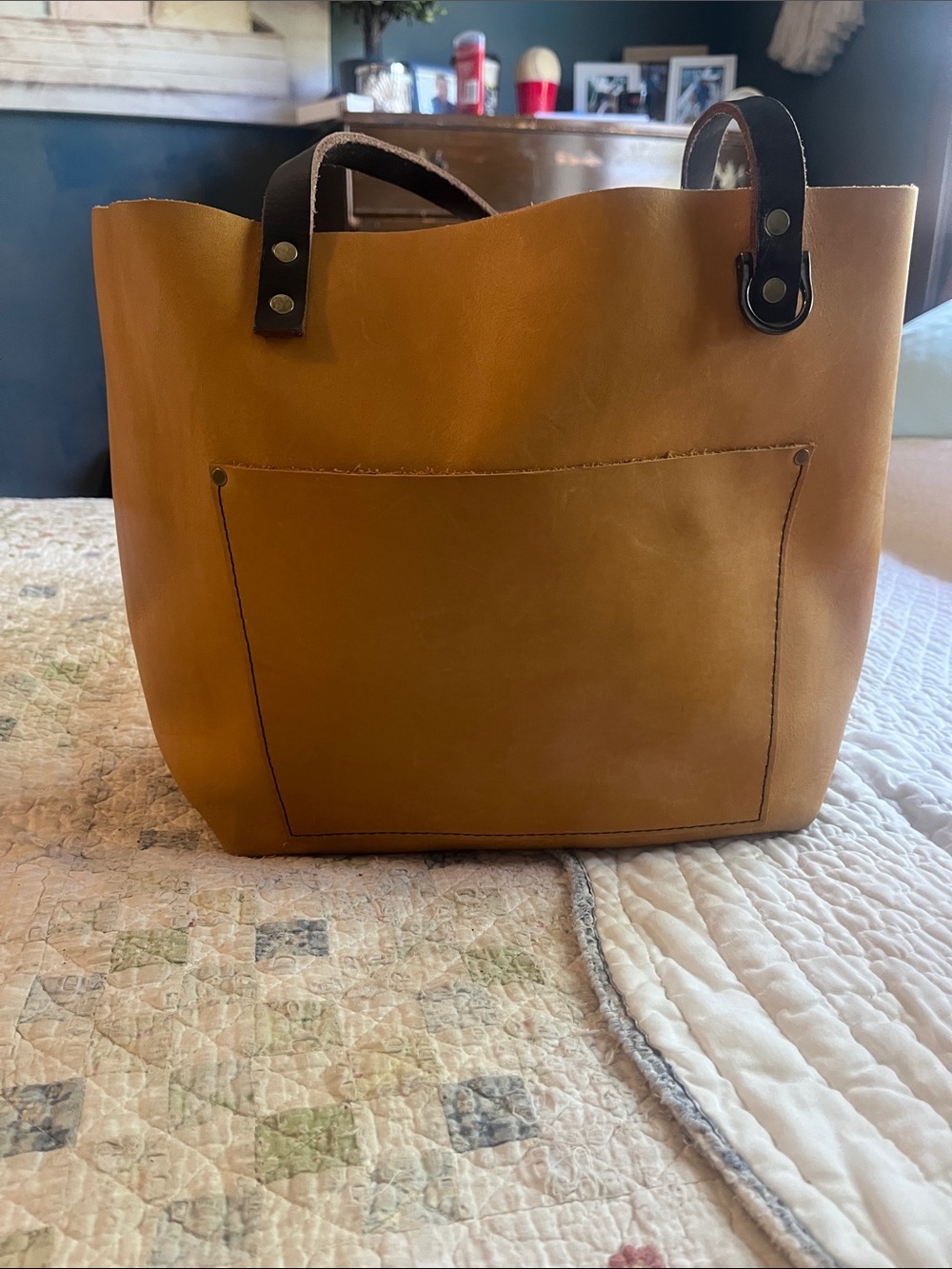 Portland Leather Caramel Tote with Dark Brown Handles